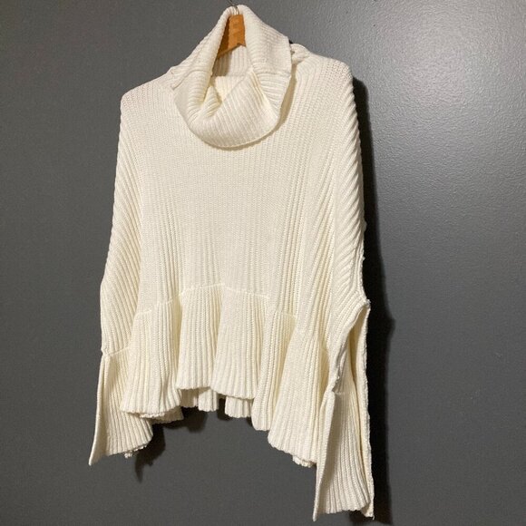Free People Women S Turtleneck White Sweater Trapeze Pocho Cozy Cotton Boho - Picture 1 of 12